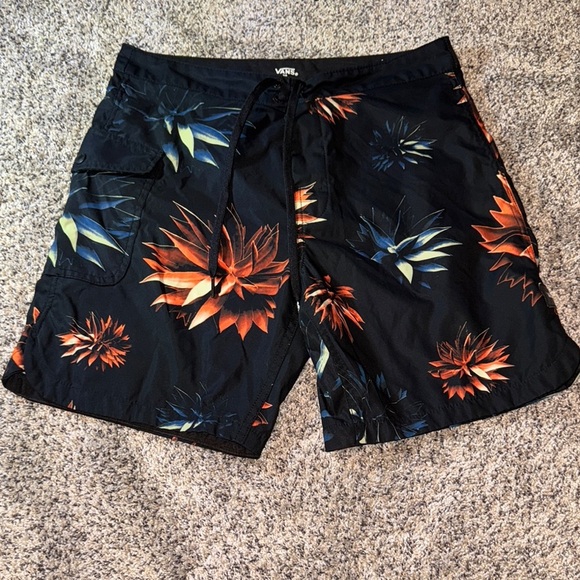 Vans Black and Orange Board Shorts with Tropical Design - Picture 1 of 3